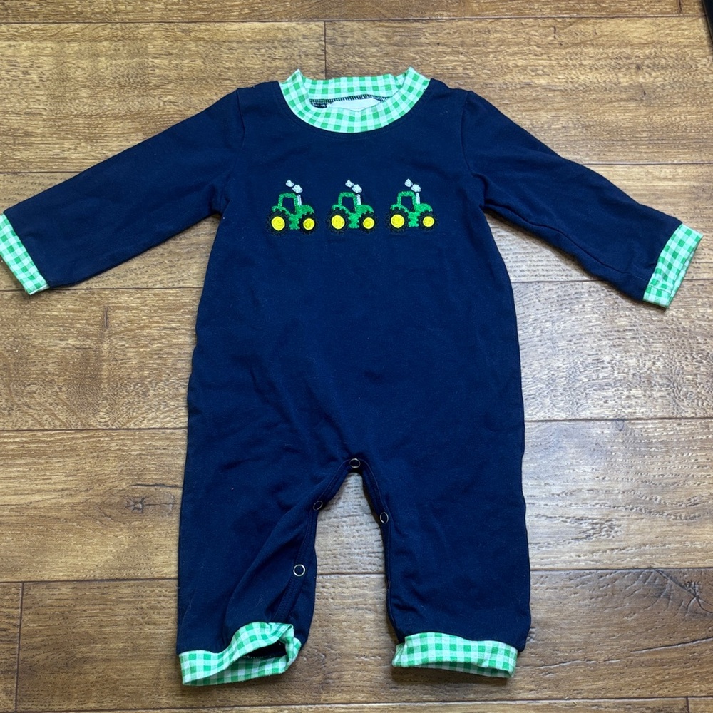 Dapperly Done Designs Boys 0-3mo Navy and Green Embroidered Farm Tractor Romper